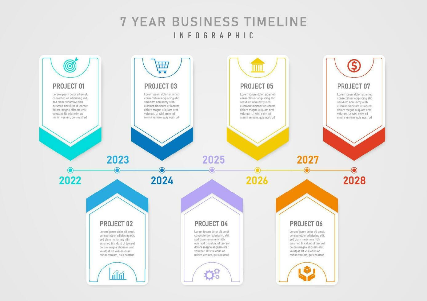 infographic template timeline 7 years spiky square multi color line with circles Colored icons and letters on a white background. Design for business, marketing, product, project, finance, planning. vector