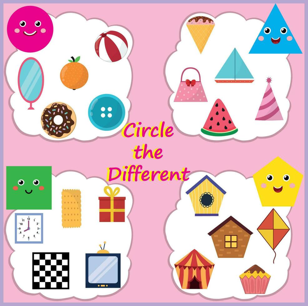 Logical Shapes Worksheet, Math activity worksheet for kids, Circle the different, Shapes circle, triangle, square, and pentagon with objects around us. Fun colorful game puzzle. vector