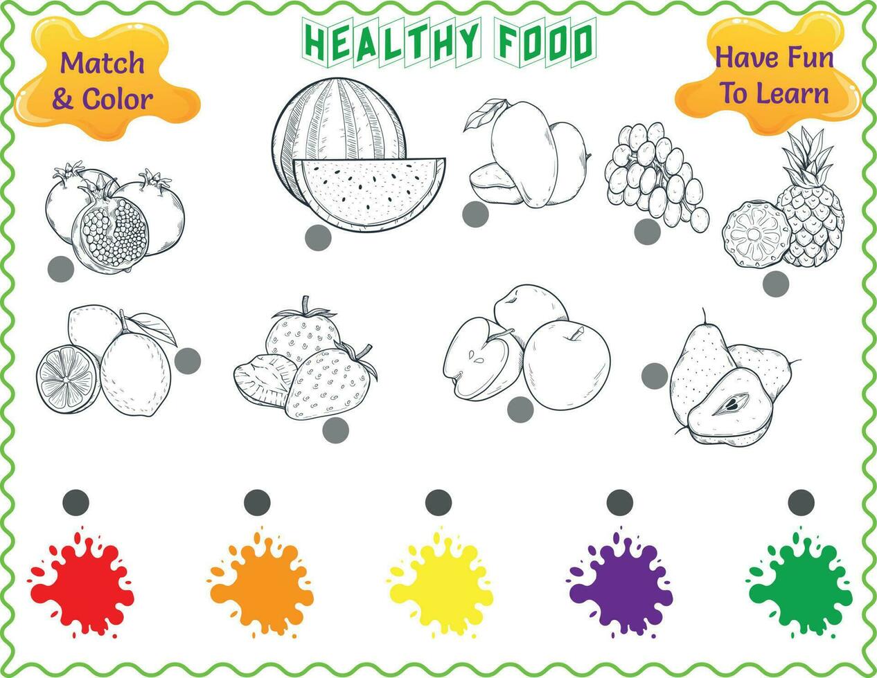 sano alimento, ciencia, educativo imprimible, hoja de cálculo, partido y color frutas, sandía, uvas, piña, limón, fresa, manzanas, peras, mango, colores rojo, naranja, amarillo, púrpura, y verde vector