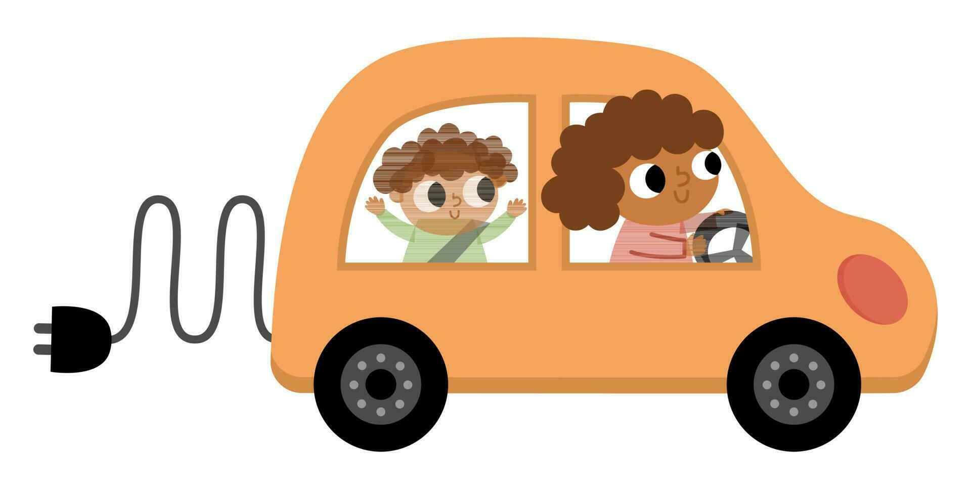 Mother and baby driving electro car. Alternative transport concept. Earth day illustration with family on ecological transportation. Emission reduce icon vector