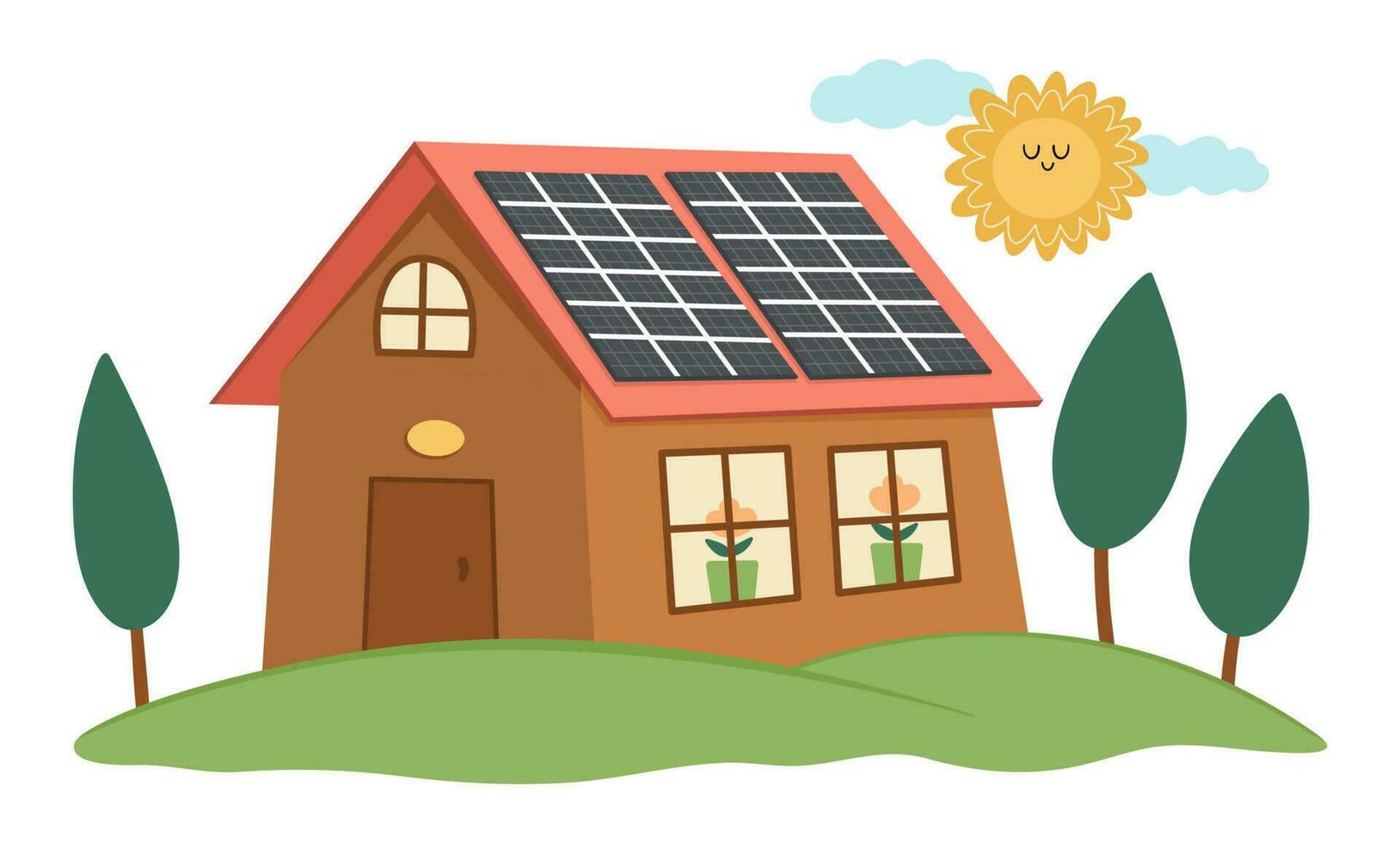 Vector eco house icon. Environment friendly home concept with trees, and solar panels. Ecological country lifestyle illustration. Cute earth day landscape or scene