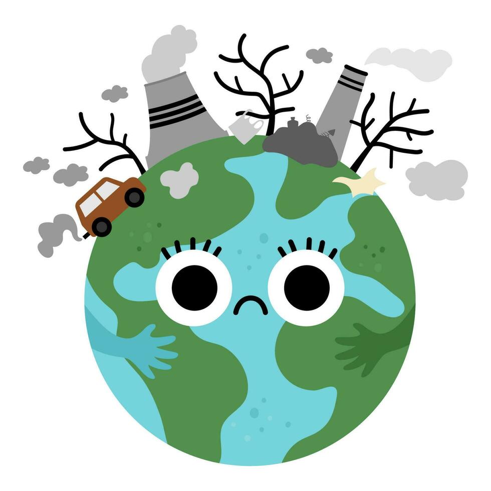 Vector earth for kids. Earth day illustration with sad kawaii polluted planet. Environment friendly icon with globe and power plant, waste on top. Ecological concept