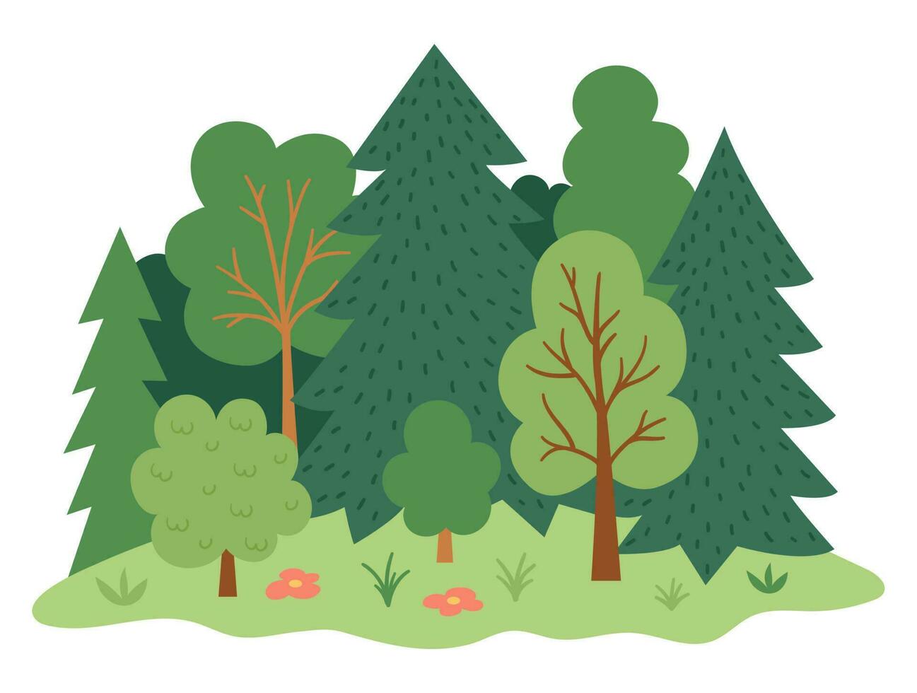 Vector forest landscape. Environment friendly concept with trees, flowers and bushes. Ecological or outdoor camping illustration. Cute earth day scene with plants