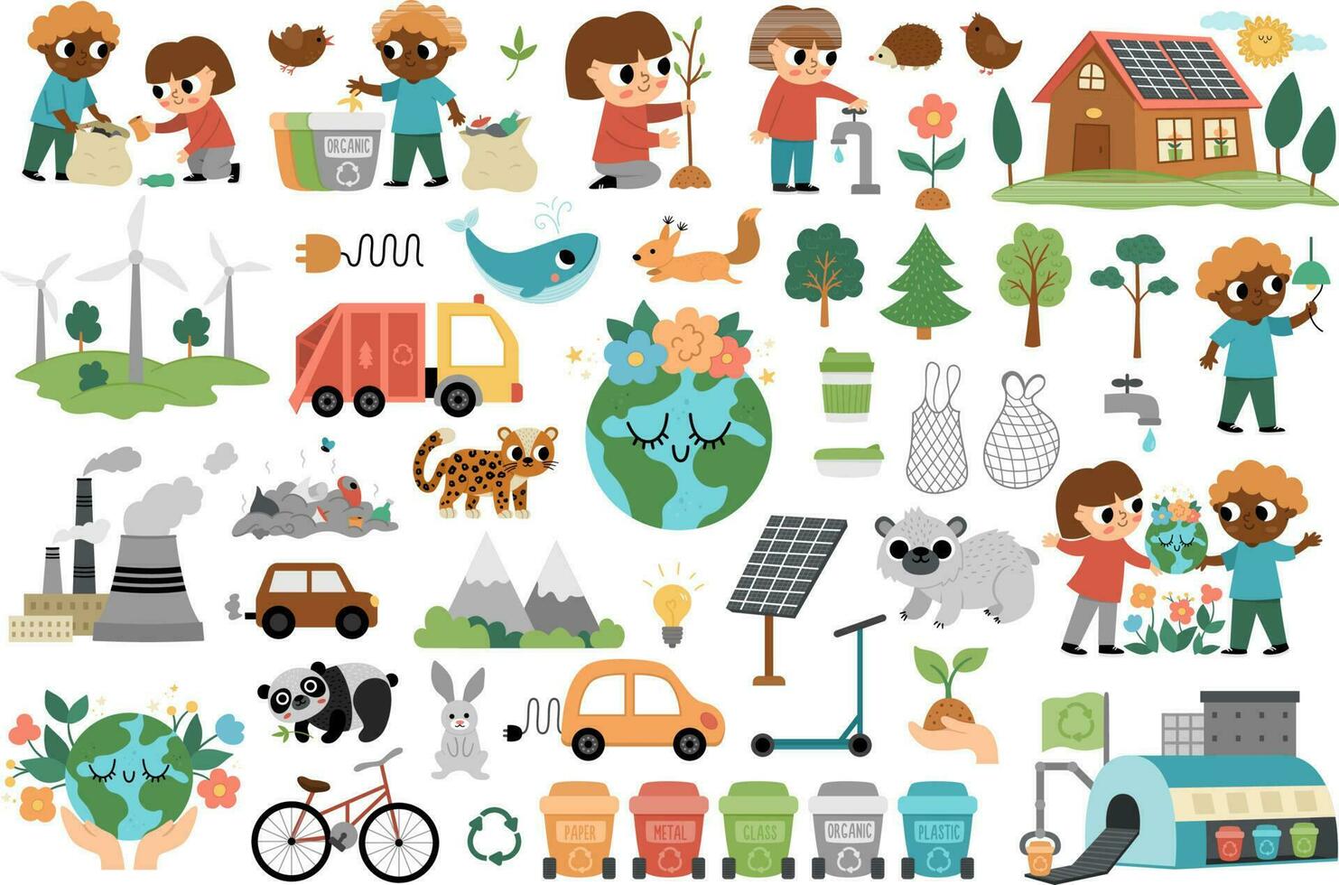 Vector ecological set for kids. Earth day collection with cute children, planet, waste recycling concept. Environment friendly pack with alternative energy, solar panels, endangered animals