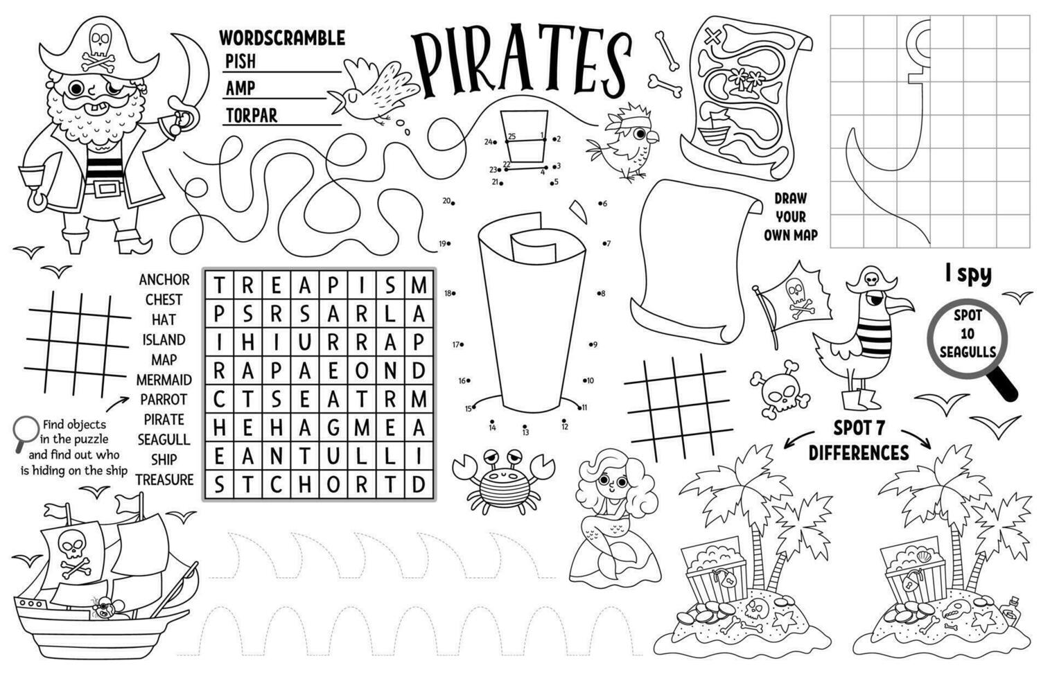 Vector pirate placemat for kids. Treasure hunt printable activity mat with maze, tic tac toe charts, connect the dots, find difference. Sea adventure black and white play mat or coloring page