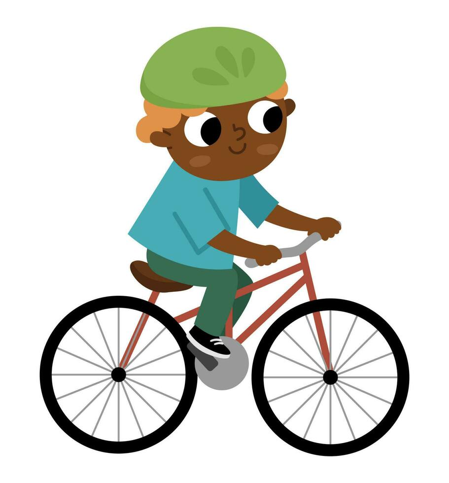 chico montando un bicicleta en casco icono. linda eco simpático niño. niño utilizando alternativa transporte. tierra día o sano estilo de vida concepto vector