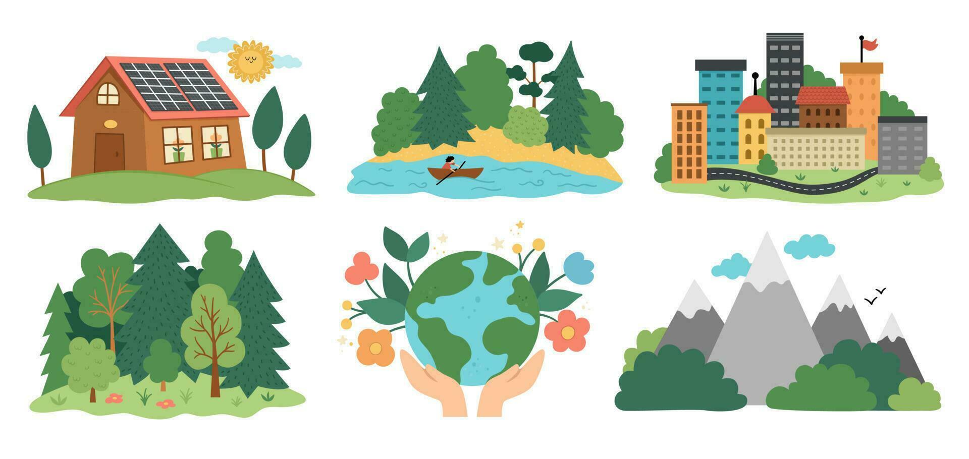 Vector ecological nature set. Environment friendly concept with forest