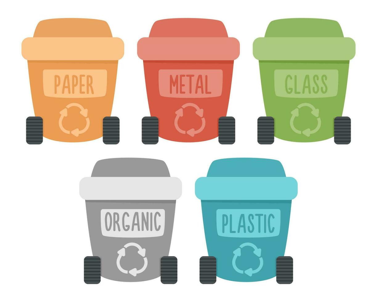 Vector waste sorting bins icon. Colorful organic, paper, metal, glass, plastic garbage boxes. Earth day or zero waste ecological concept. Rubbish or junk recycling containers illustration