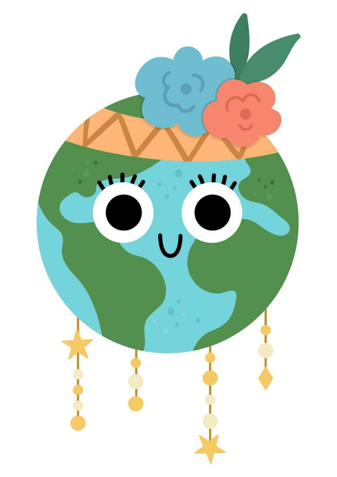 Vector earth for kids. Earth day illustration with cute kawaii smiling planet. Environment friendly icon with globe and flowers on top. Ecological concept