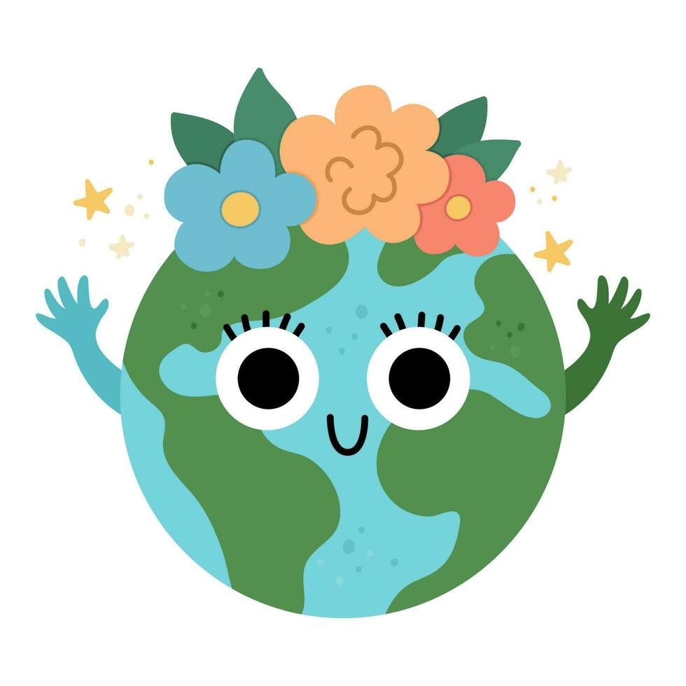 vector tierra para niños. tierra día ilustración con linda kawaii sonriente planeta. ambiente simpático icono con globo y flores en cima. ecológico concepto