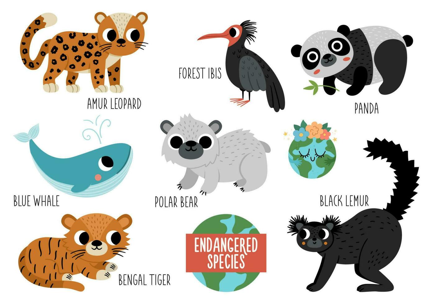 Vector endangered species set. Cute extinct animals collection. Funny illustration for kids with amur leopard, blue whale, black lemur, polar bear, panda, forest ibis. Nature protection concept