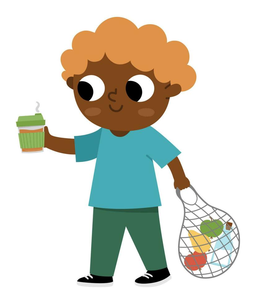 Boy with reusable cup and net shopper icon. Cute eco friendly kid. Children ecological awareness illustration. Earth day or zero waste concept vector