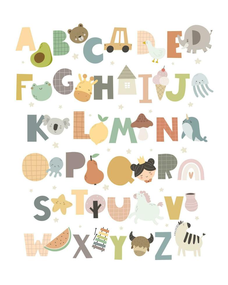 Cute alphabet. Hand drawing font for children. Flat isolated vector illustration. design for typographic posters, banners, cards