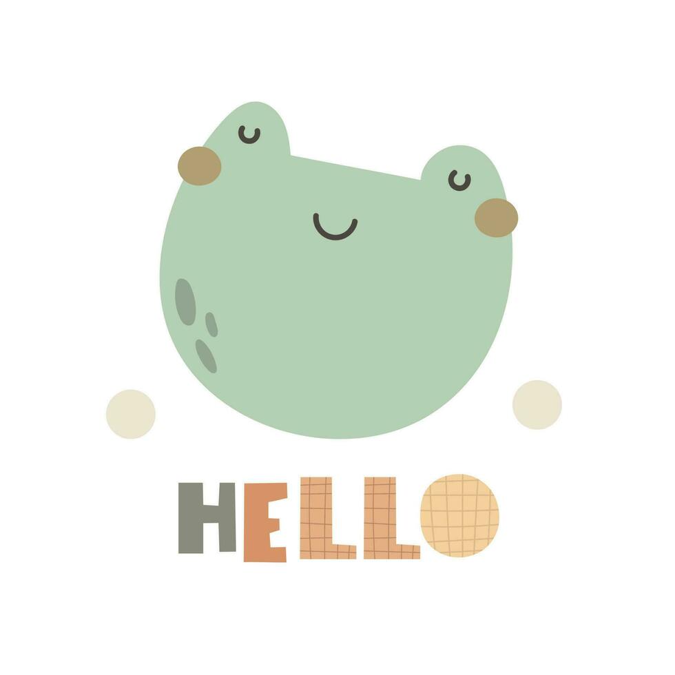 hello. Cartoon frog, hand drawing lettering. flat style, colorful vector for kids. baby design for cards, poster decoration, t-shirt print