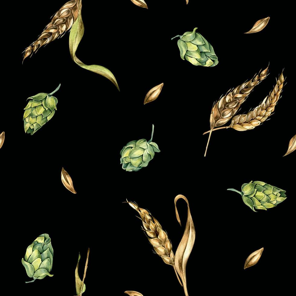 Wheat ear, hop watercolor seamless pattern isolated on black background. Spikelet of rye, humulus plant, hop cones hand drawn. Design element for brewing, wrapping, label, packaging, paper, textile vector