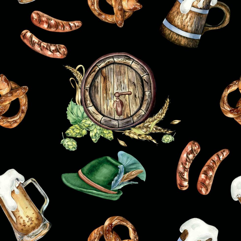 Wooden beer barrel and mug, german hat watercolor seamless pattern isolated on black. Hop, wheat ear, pretzel, sausages hand drawn. Design for brewing, wrapping, label, packaging, paper, background vector