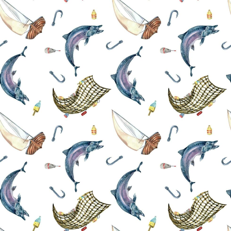 Seamless pattern of sea fish and sail boat watercolor illustration isolated on white. Fishing boat and salmon, trout hand drawn. Design element for textile, packaging, wrapping, background, market vector