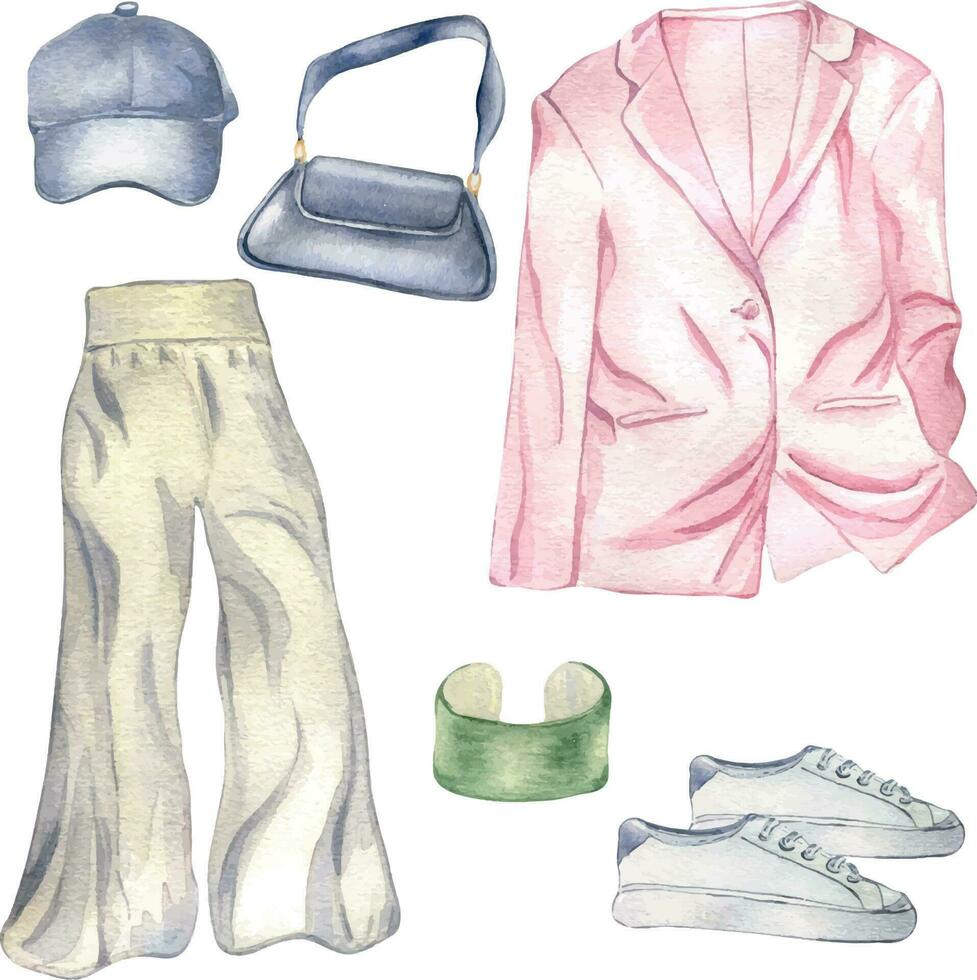 Set of woman's clothes blazer, trousers, sneakers, cap watercolor illustration isolated on white. Woman's summer outfit hand drawn. Design for shop, sale, magazine, packaging, showcase, pattern vector