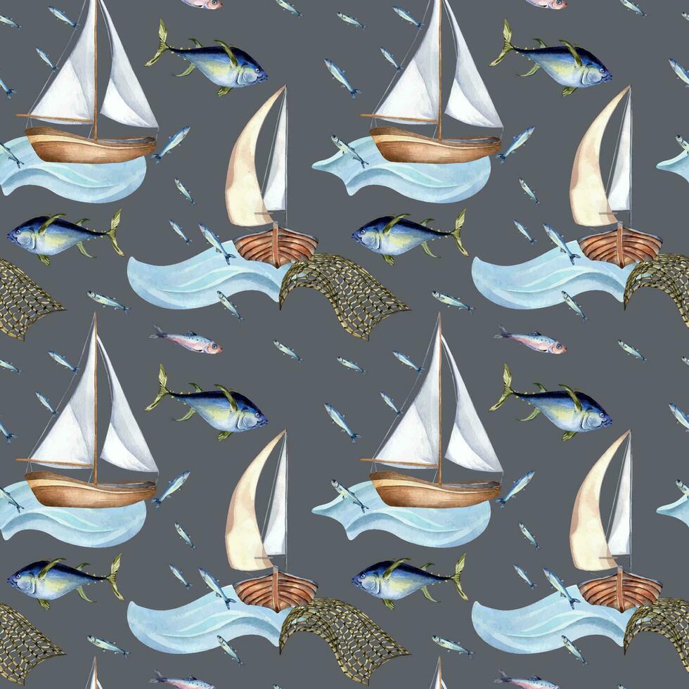 Seamless pattern of sea fish and sail boat watercolor illustration isolated on grey. Fishing boat, sea wave and tuna, hand drawn. Design element for textile, packaging, wrapping, background, market vector