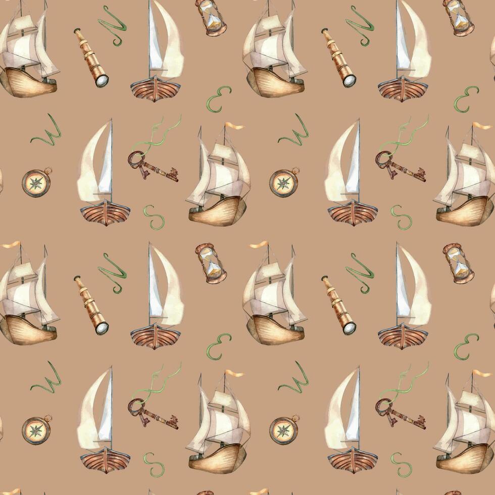 Adventure items, ship watercolor seamless pattern isolated on beige. Compass, spyglass, sailboat, rusty key, ship hand drawn. Design boy print, wrapping, textile, vintage style wallpaper, background vector
