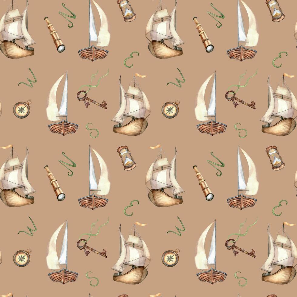 Adventure items, ship watercolor seamless pattern isolated on beige. Compass, spyglass, sailboat, rusty key, ship hand drawn. Design boy print, wrapping, textile, vintage style wallpaper, background vector