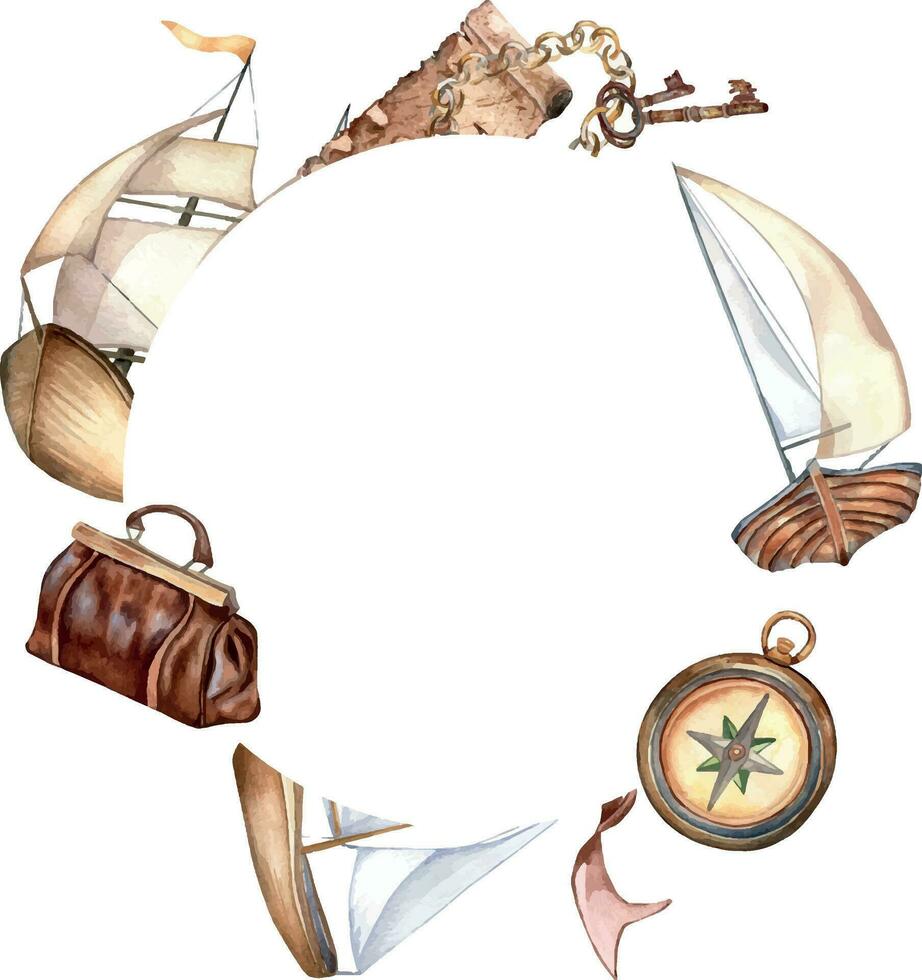 Frame of adventure items, ship watercolor illustration isolated on white. Compass, spyglass, sailboat, handle bag. rope, chain hand drawn. Childish design, boy postcard vintage style, invitation vector