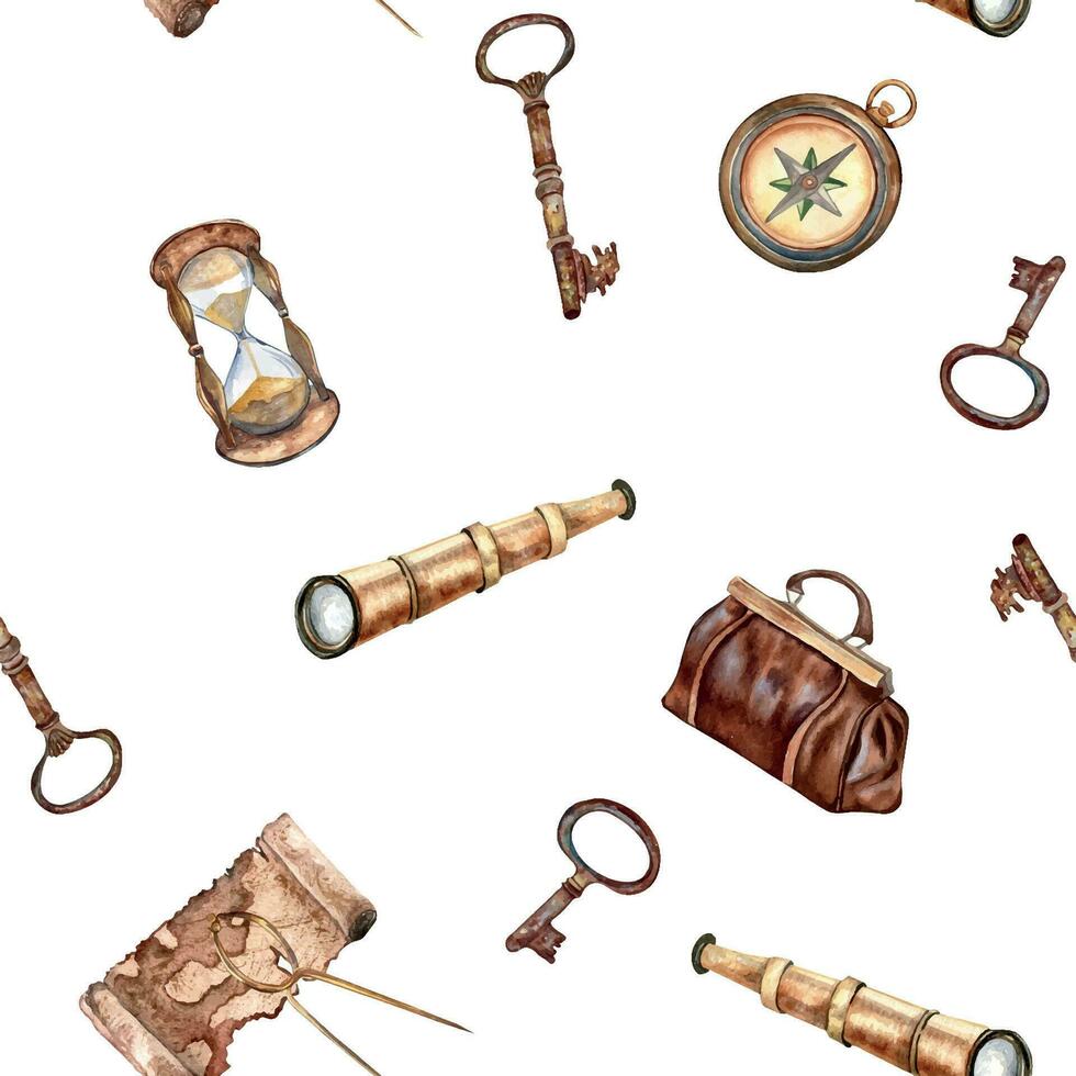 Adventure items vintage style watercolor seamless pattern isolated on white. Compass, spyglass, map, handbag, sandglass hand drawn. Design element for boy's print, textile, wallpaper, background vector