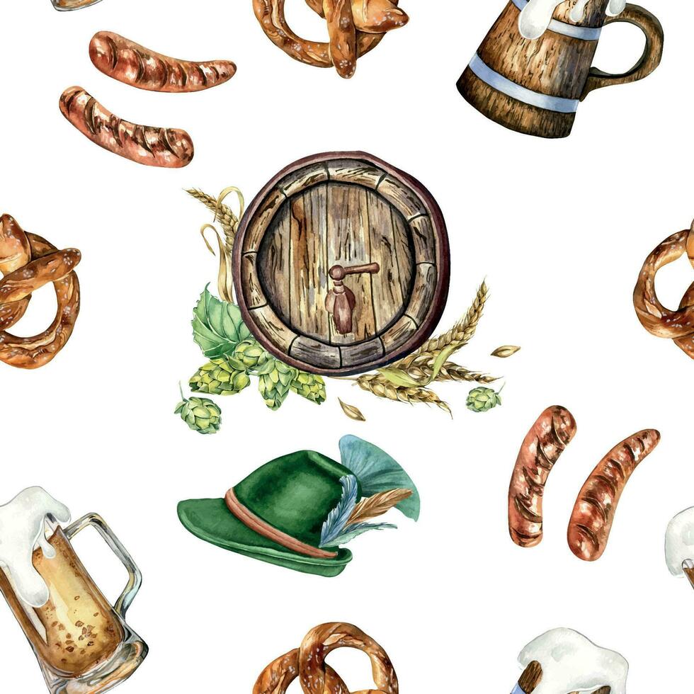 Wooden beer barrel and mug, german hat watercolor seamless pattern isolated on white. Hop, wheat ear, pretzel, sausages hand drawn. Design for brewing, wrapping, label, packaging, paper, background vector