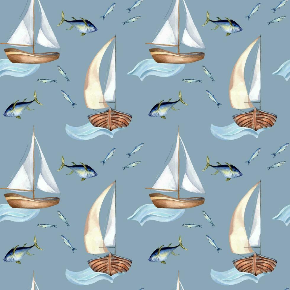 Seamless pattern of sailing ship vintage style watercolor illustration isolated on blue. Sailboat, vessel on waves, tune, fish hand drawn. Childish design element, wallpaper, printed products vector