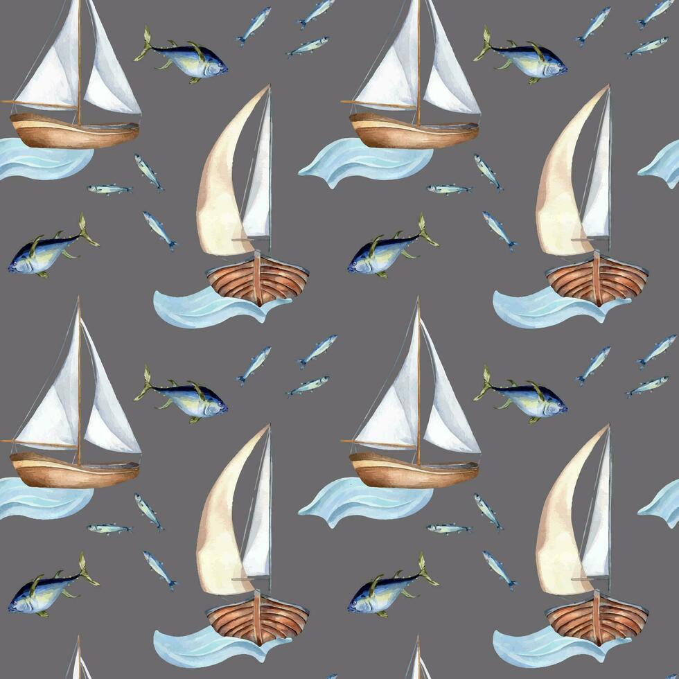 Seamless pattern of sailing ship vintage style watercolor illustration isolated on gray. Sailboat, vessel on waves, tune, fish hand drawn. Childish design element, wallpaper, printed products vector