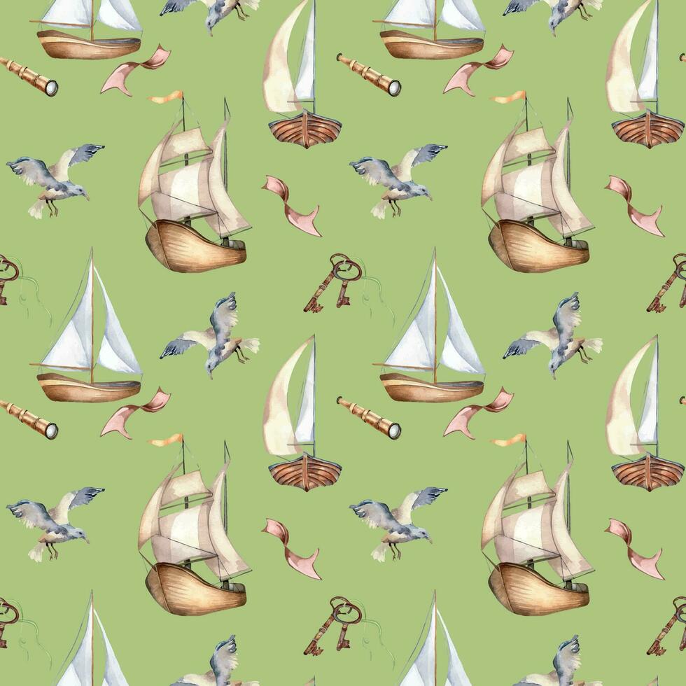 Seamless pattern of sailing boats vintage style watercolor illustration isolated on green. Ship, bird, rusty key hand drawn. Childish design, boy's print, background, textile, wallpaper, packaging vector