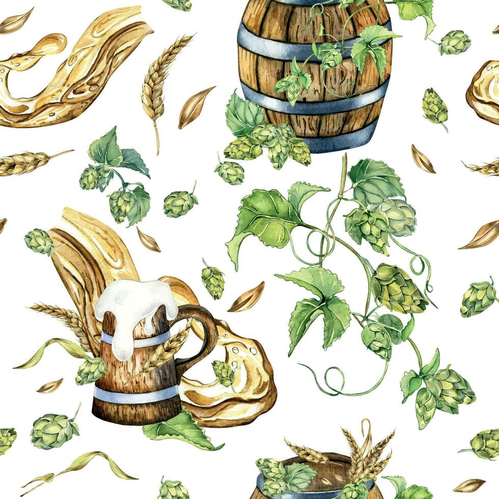 Wooden beer barrel and hop vine, wheat ear watercolor seamless pattern isolated on white. Splash beer, wooden mug, humulus hand drawn. Design element for beer packaging, background, brewing, package vector