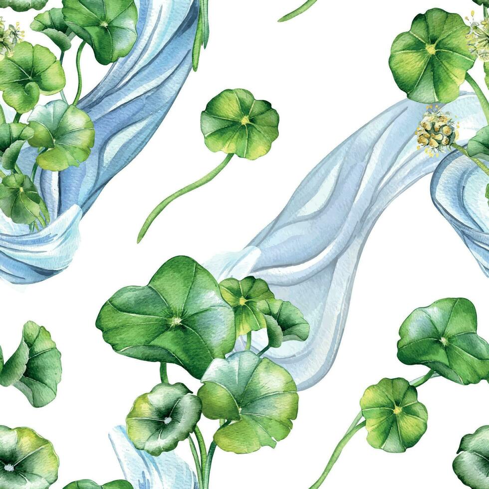 Centella asiatica herbal plants and wave watercolor seamless pattern isolated on white. Pennywort, gotu kola water shape, geranium flower hand drawn. Design for package, textile, wrapping, background vector