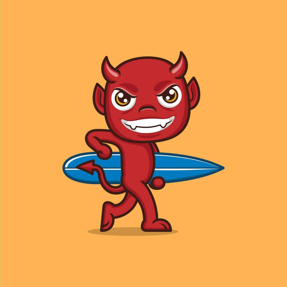 cute cartoon devil playing surfing vector