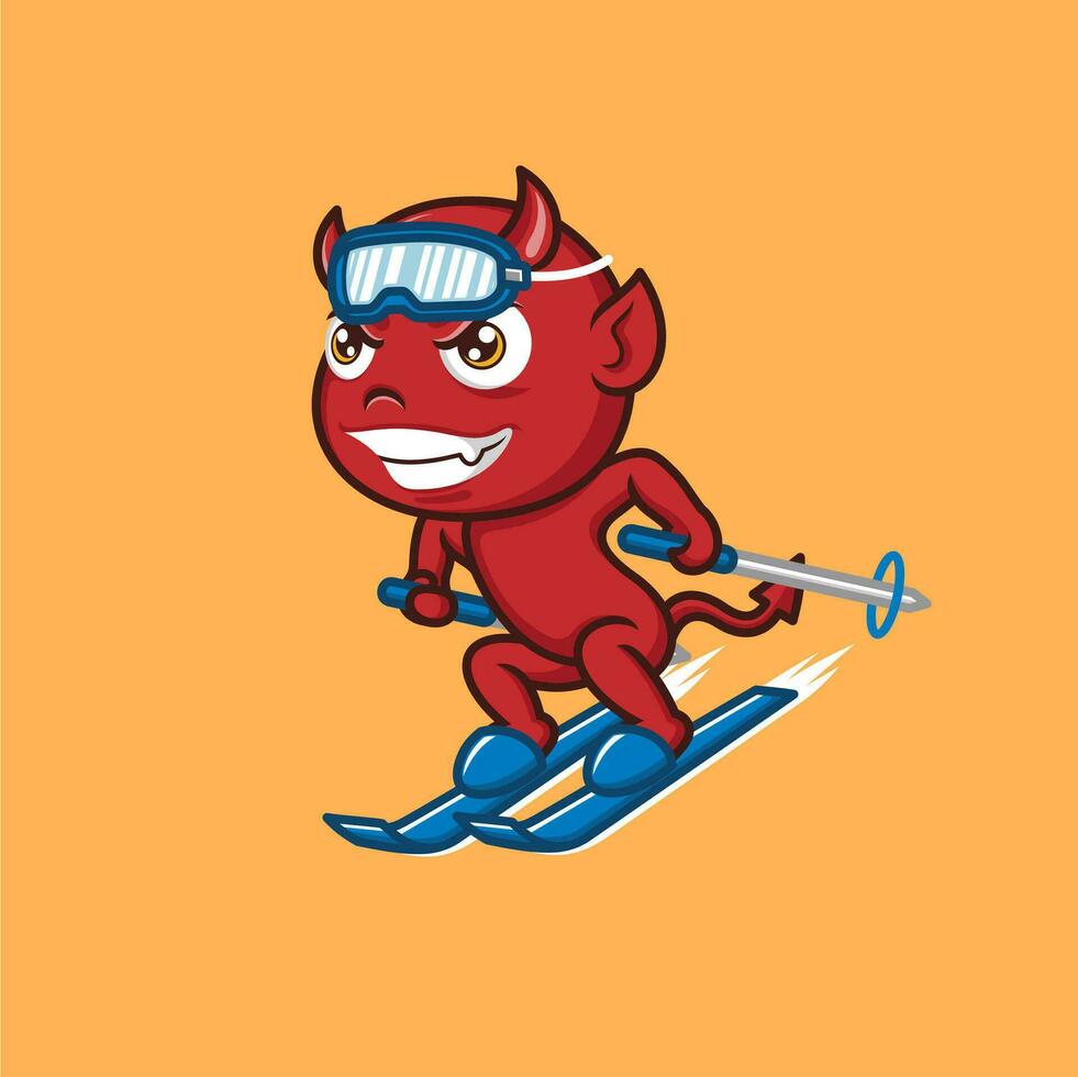 cute cartoon devil snow skiing vector