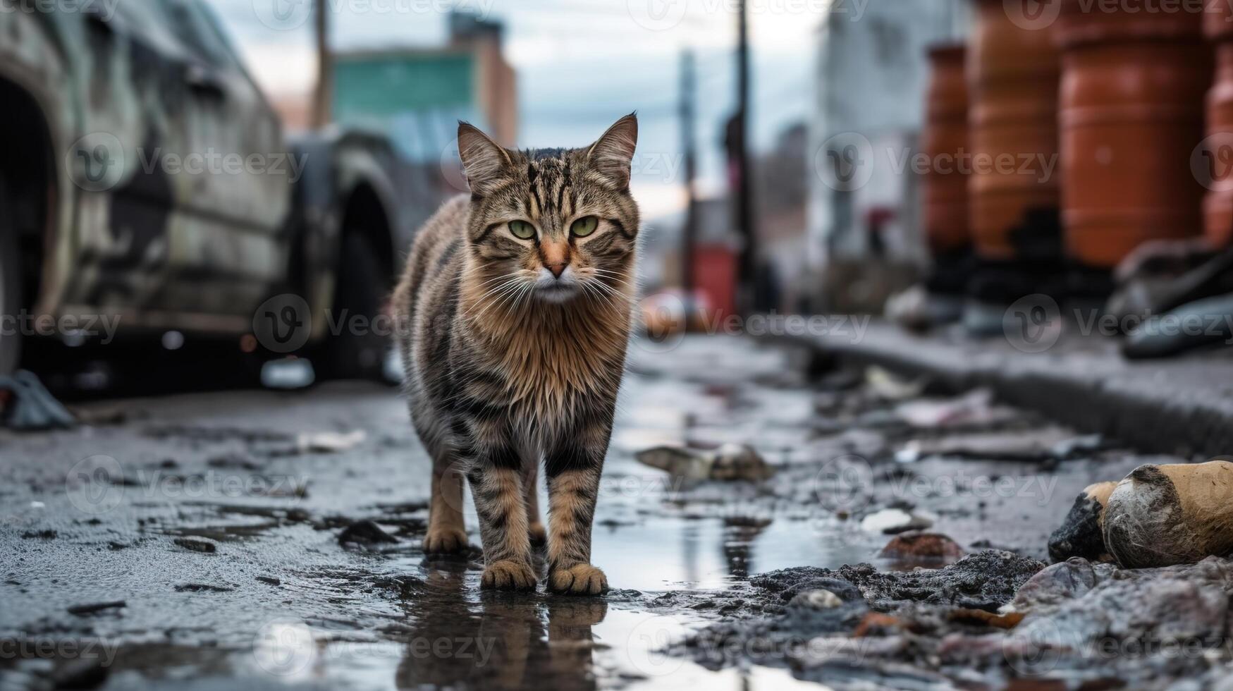 extraviado naranja gato en el dañado calle, abandonado gato, ai generativo foto