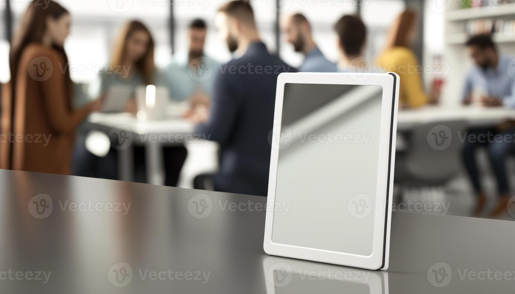a blank screen tablet mockup, businessman and businesswoman, business office setting, tablet using in an office meeting, photo