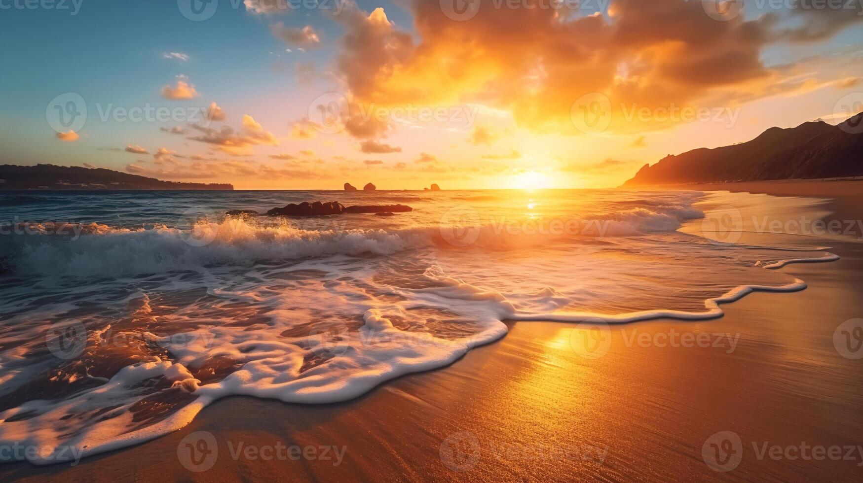 naranja y dorado puesta de sol cielo en el playa, evocando un soleado verano vacaciones ánimo, Perfecto para un viaje fiesta bandera, ai generativo foto