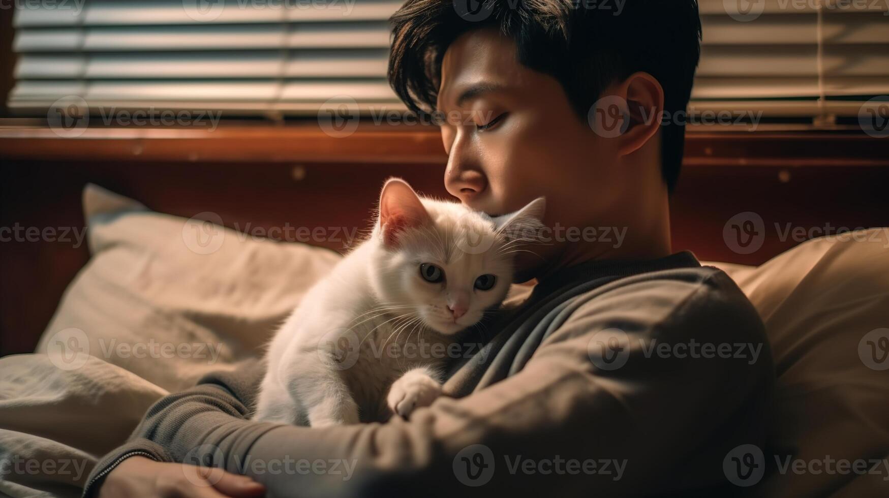 young Korean Man people hold a cat in the hands, looking and smiling, creating a cozy afternoon in the bedroom, can and people relationship, photo