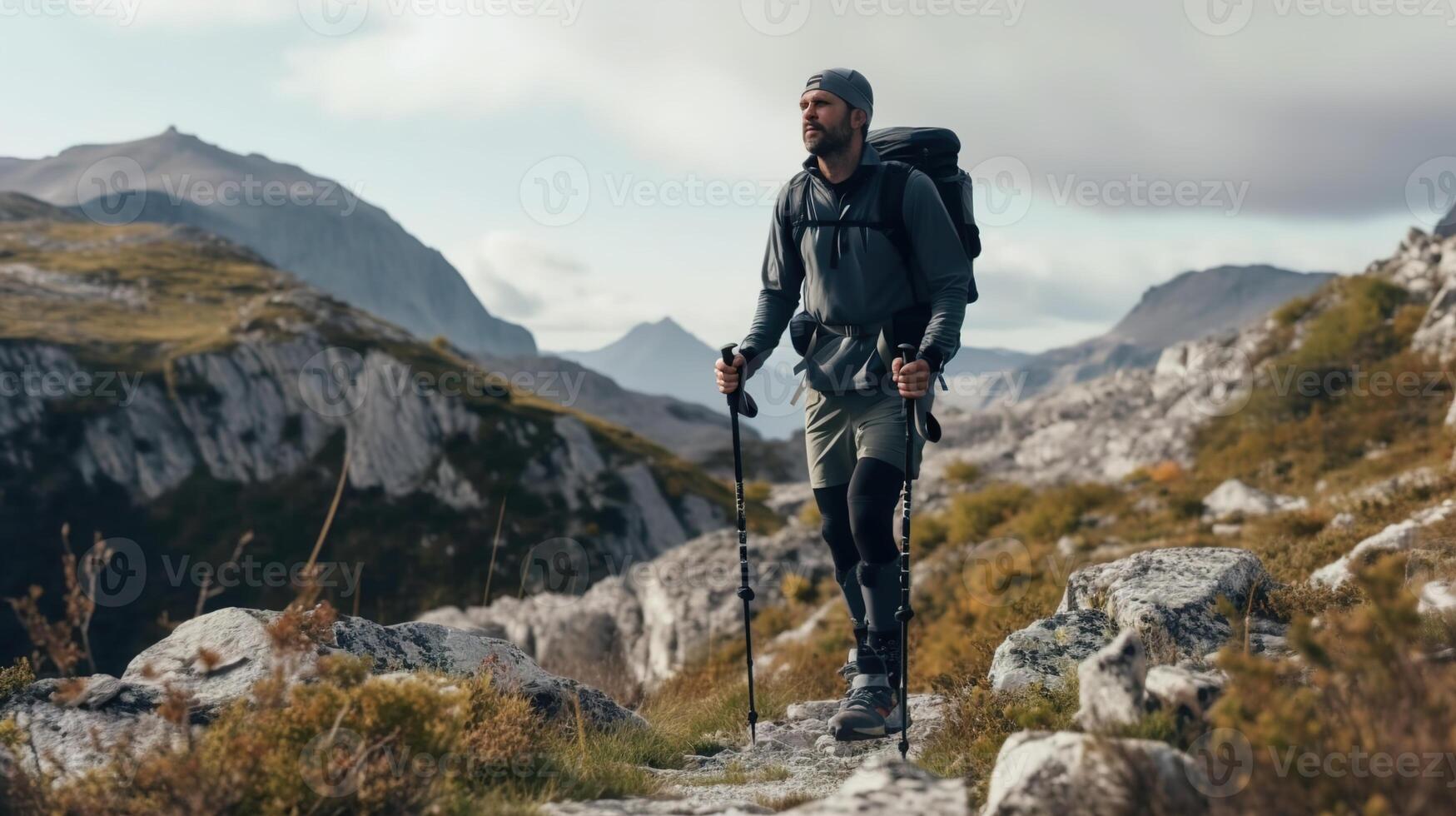 Man hiking with backpack, enjoying summer vacation outdoors, finding solitude alone in the wild, photo