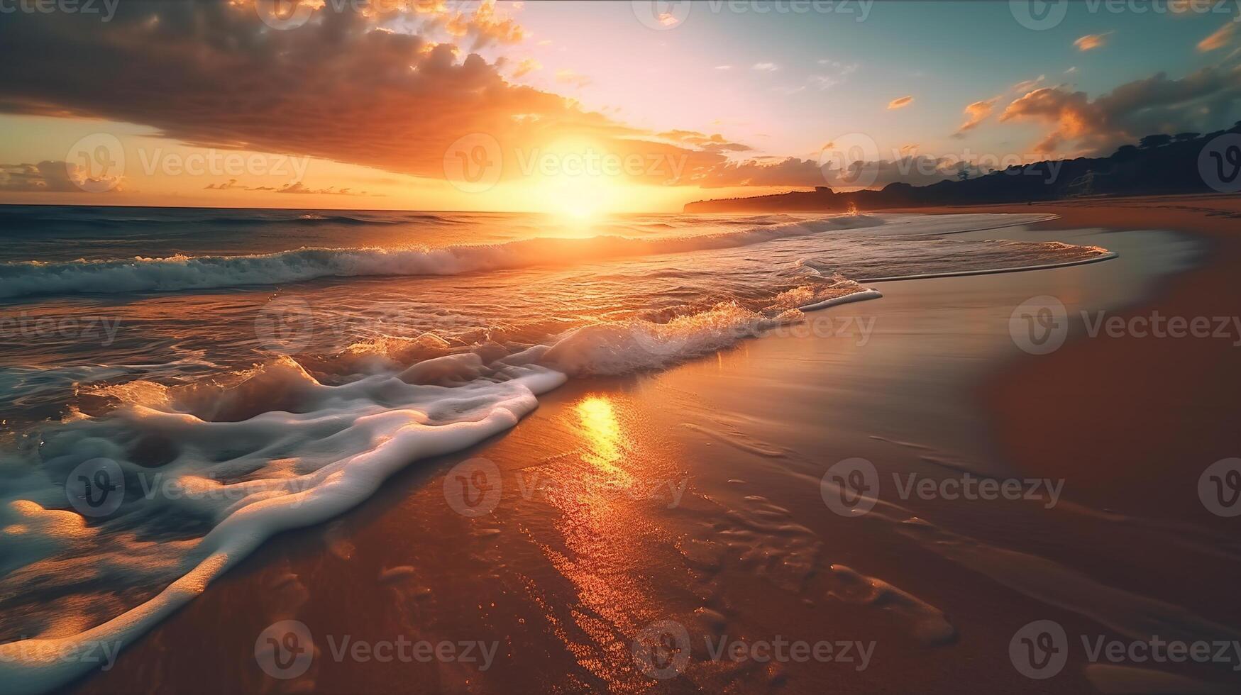 naranja y dorado puesta de sol cielo en el playa, evocando un soleado verano vacaciones ánimo, Perfecto para un viaje fiesta bandera, ai generativo foto