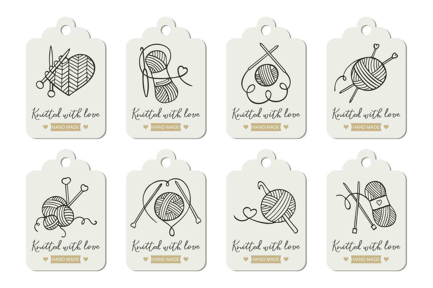 Set of labels Knitting. knitting needles with skeins of yarn and lettering Knitted with love. Hobby icons, logo, vector