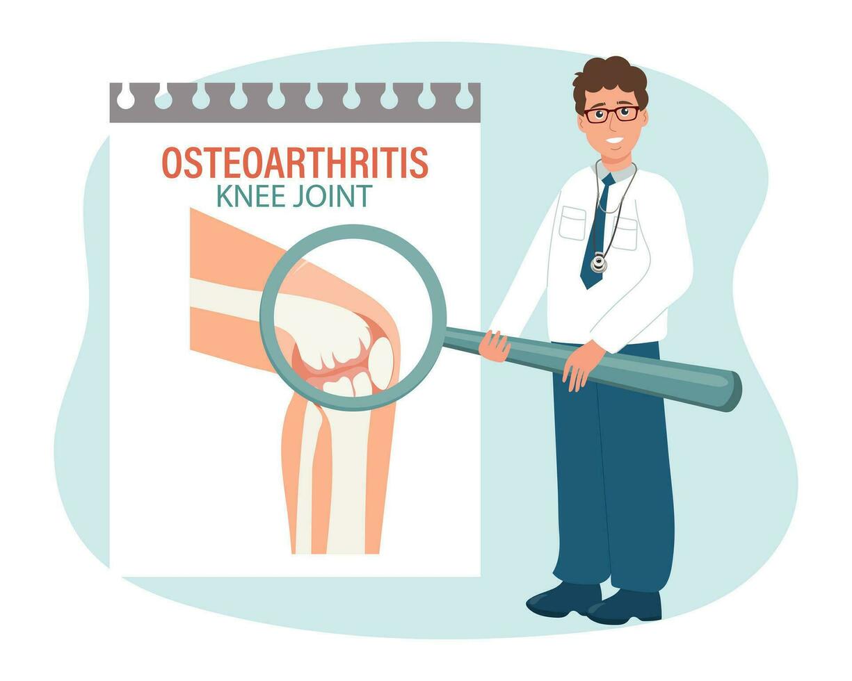 reumatoide artritis. artrosis de el rodilla articulaciones masculino médico con un aumentador vaso. médico infografía bandera, póster, vector