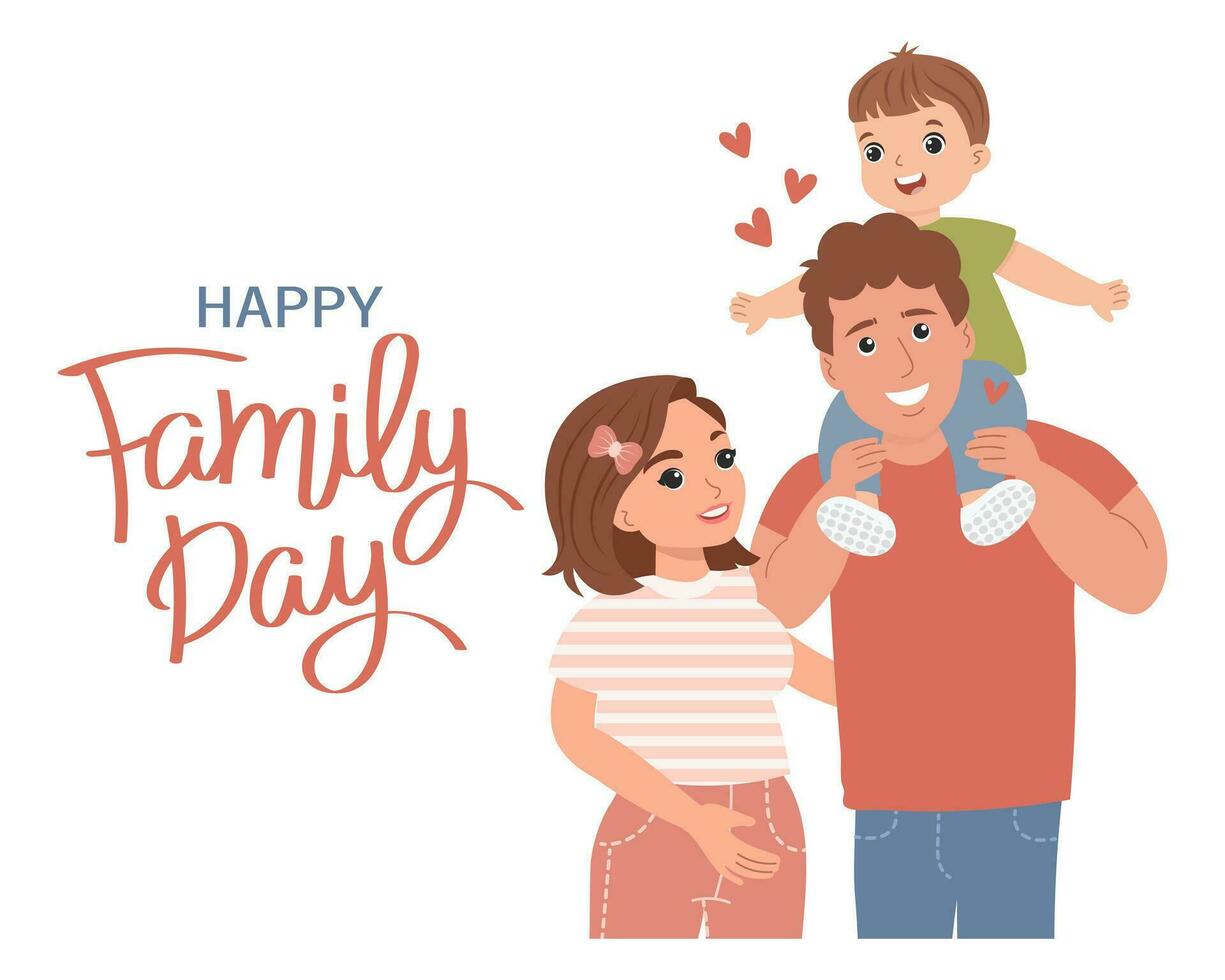 contento familia día. linda familia, padres con niños y letras. póster, bandera, saludo tarjeta. ilustración, vector