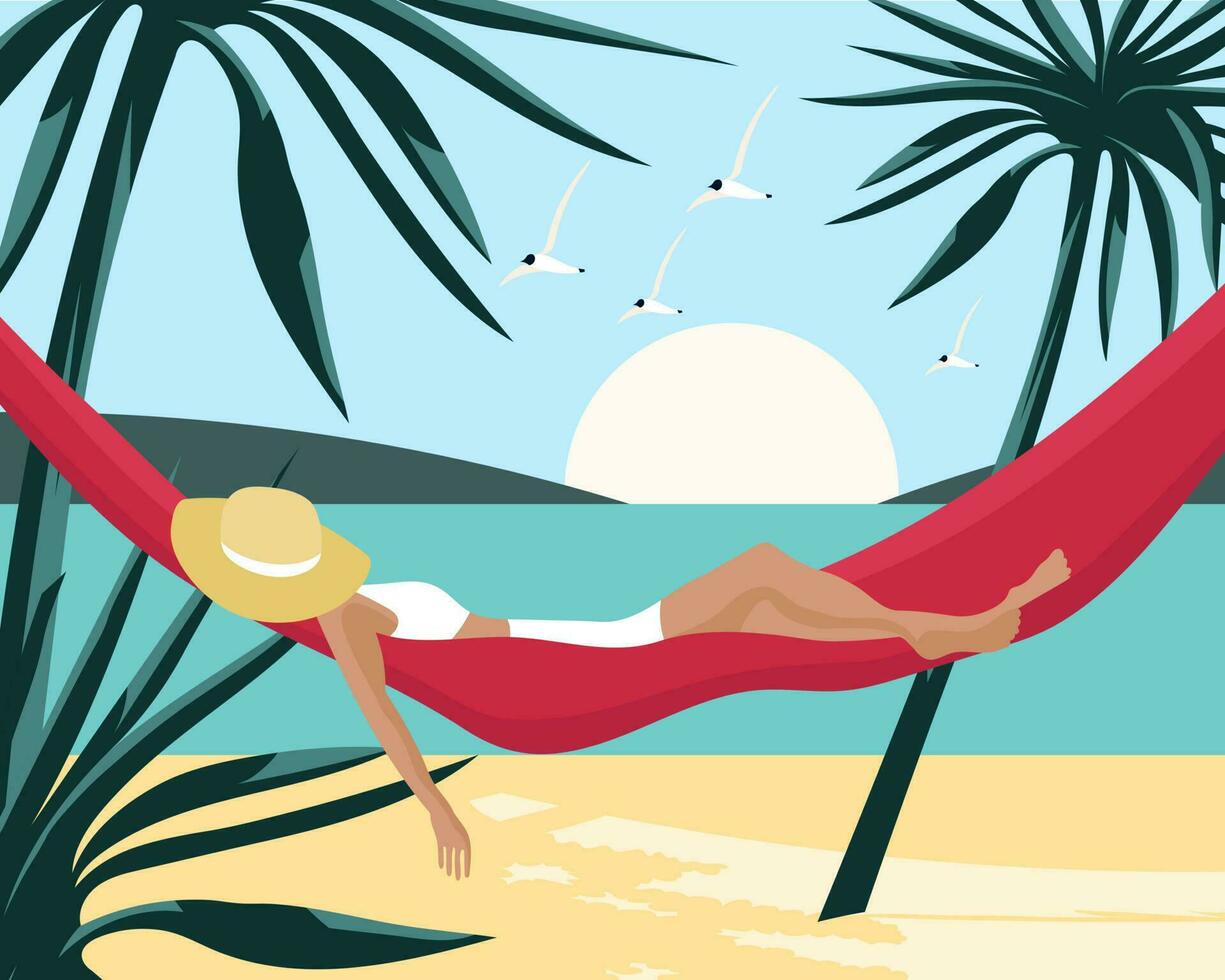 marina. mujer descansando en un hamaca en el mar con palma arboles verano ilustración, póster, vector