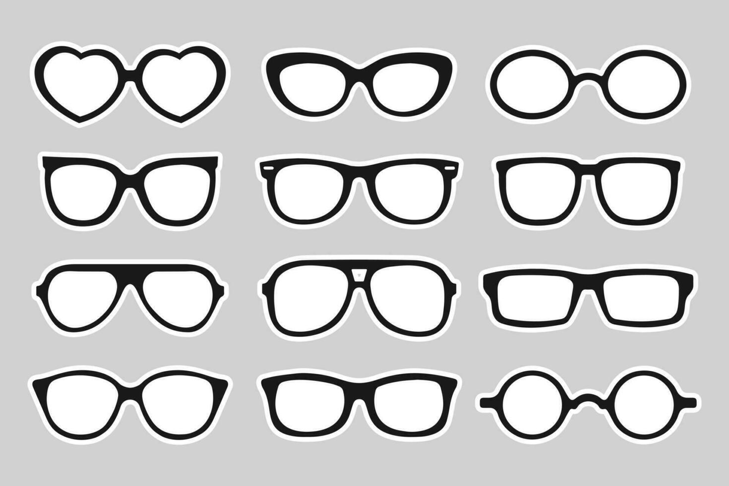 colección de de moda hipster Gafas de sol. Moda Gafas de sol, negro siluetas, verano accesorio. iconos, pegatinas, vector