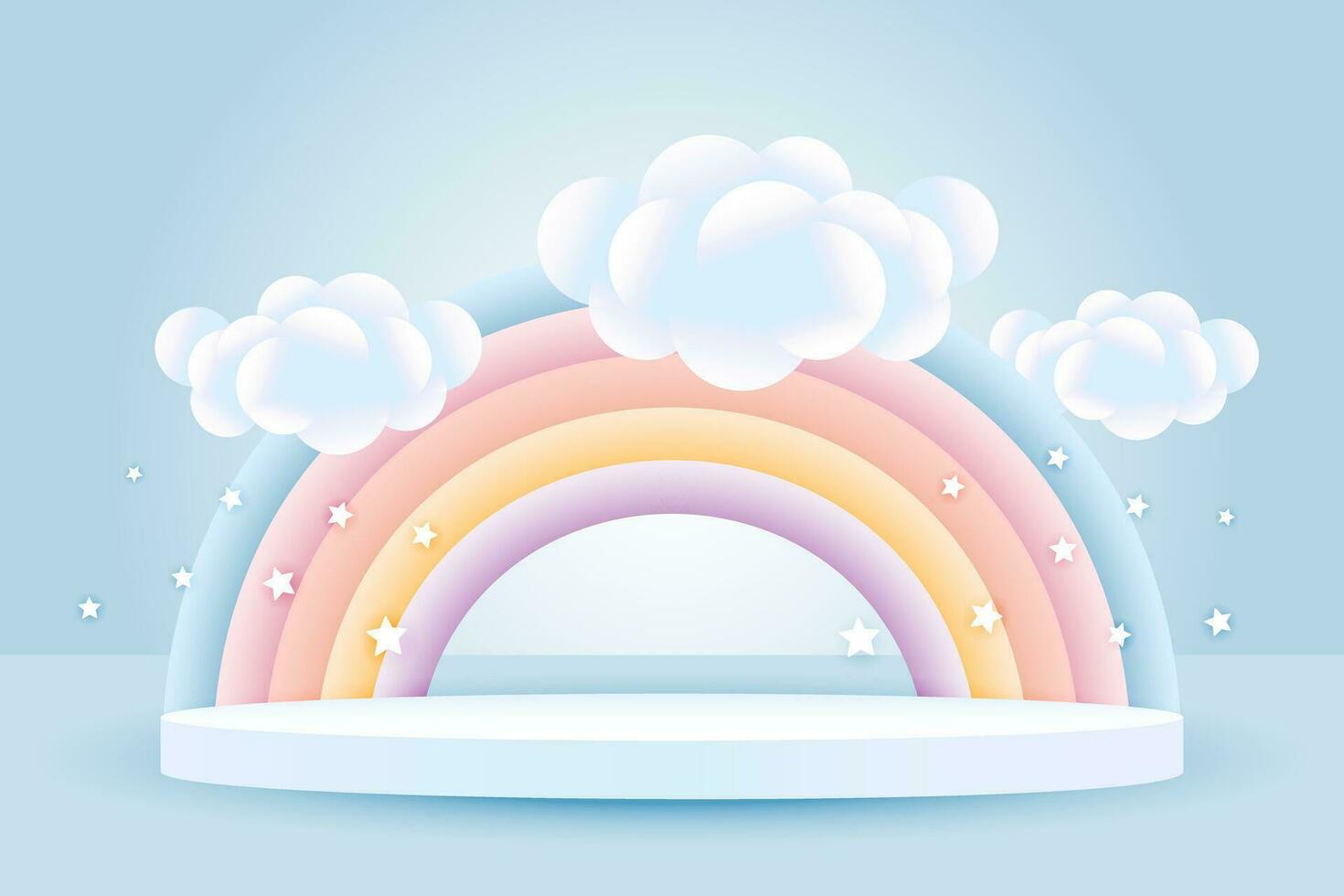 3d bebé ducha, arco iris con nubes y un podio en un pálido azul antecedentes con estrellas, infantil diseño en pastel colores. festivo fondo, vector