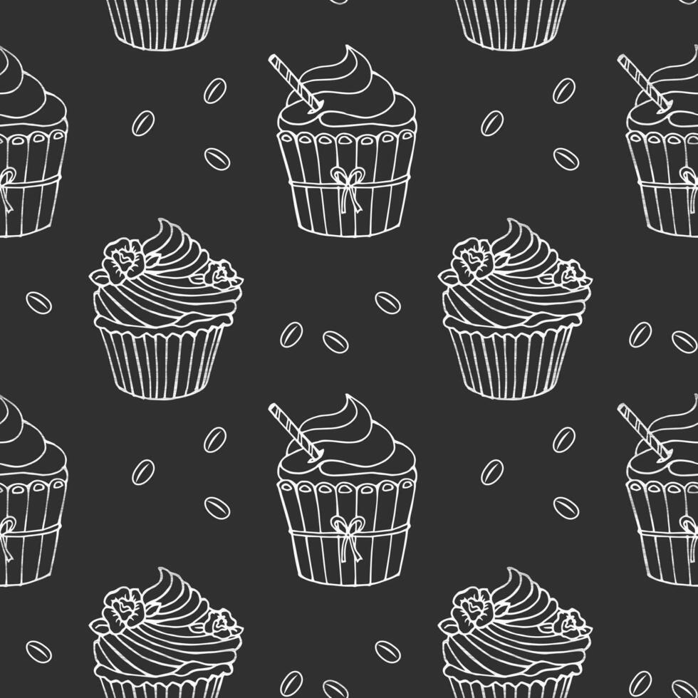 Seamless pattern, hand drawn outline cupcakes and coffee beans. Print, cafe menu background, vector