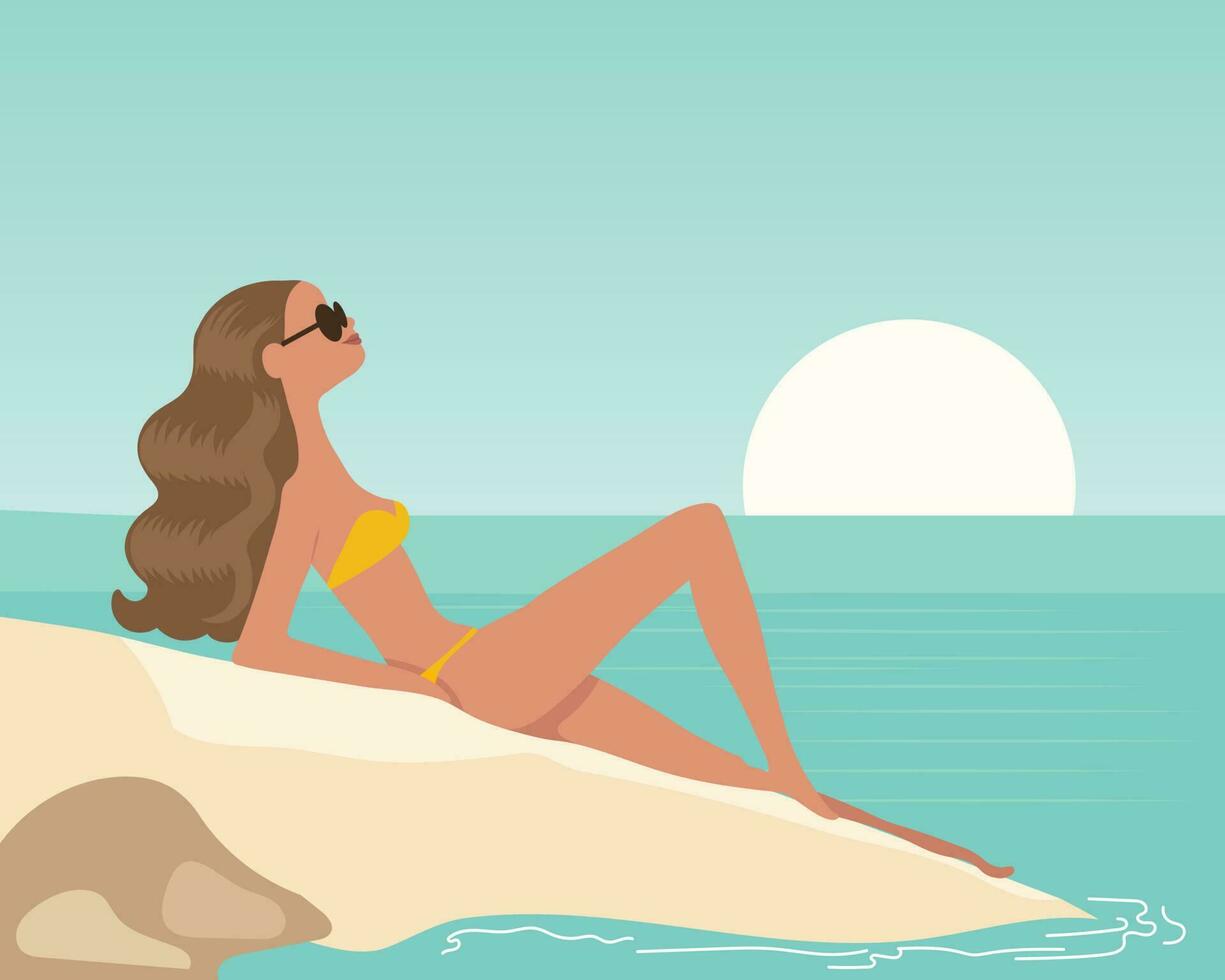 ver paisaje, un joven mujer en el playa. viaje ilustración, vector