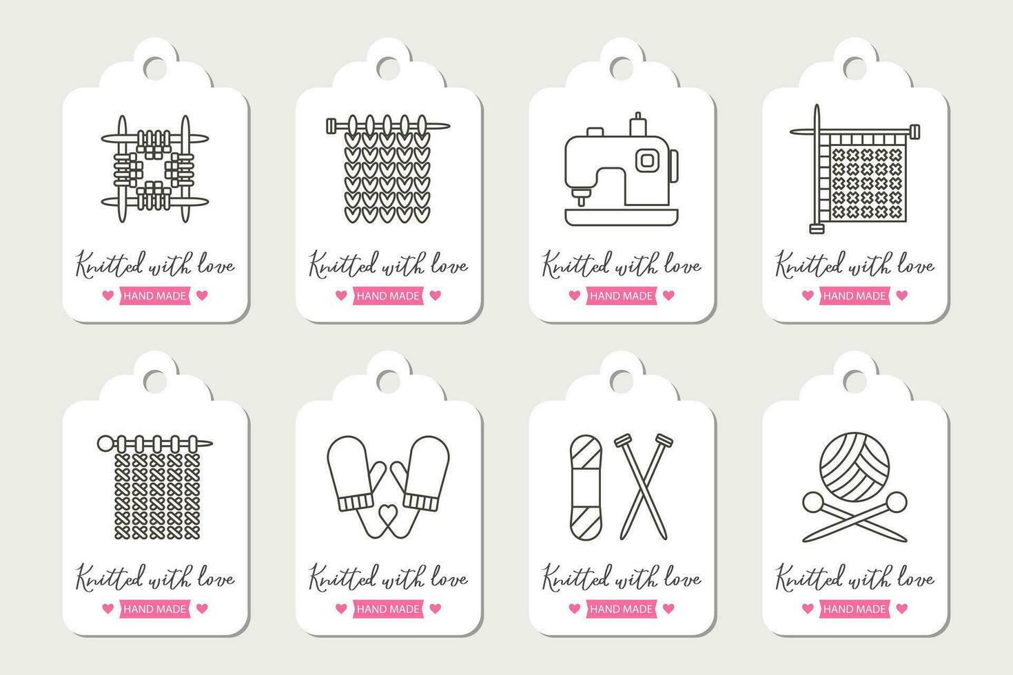 Set of labels Knitting. knitting needles with skeins of yarn and lettering Knitted with love. Hobby icons, logo, vector